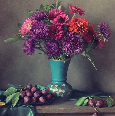 Still life with bouquets of asters and zinnias